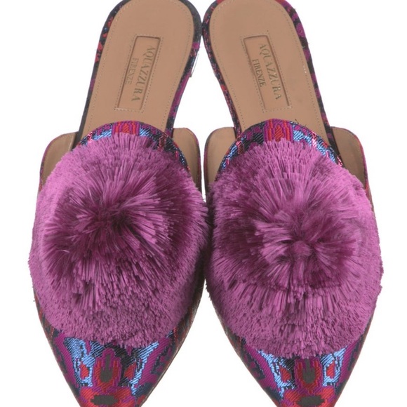 NWOT Aquazarra brocade closed toe slides with pom poms. - Picture 2 of 5